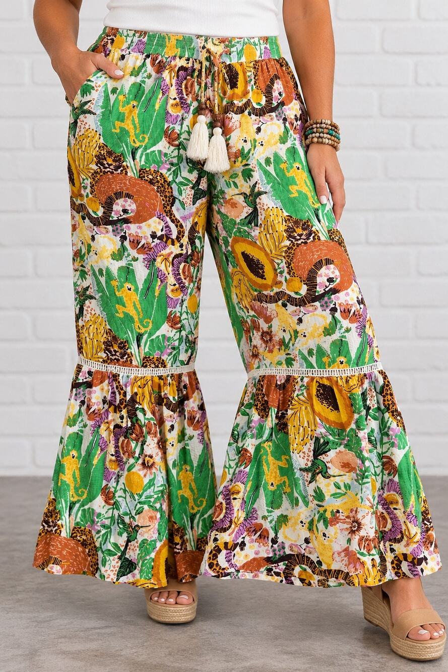 Free Destination Women’s XL Tropical Jungle Print Wide Leg Ruffle Pants Boho